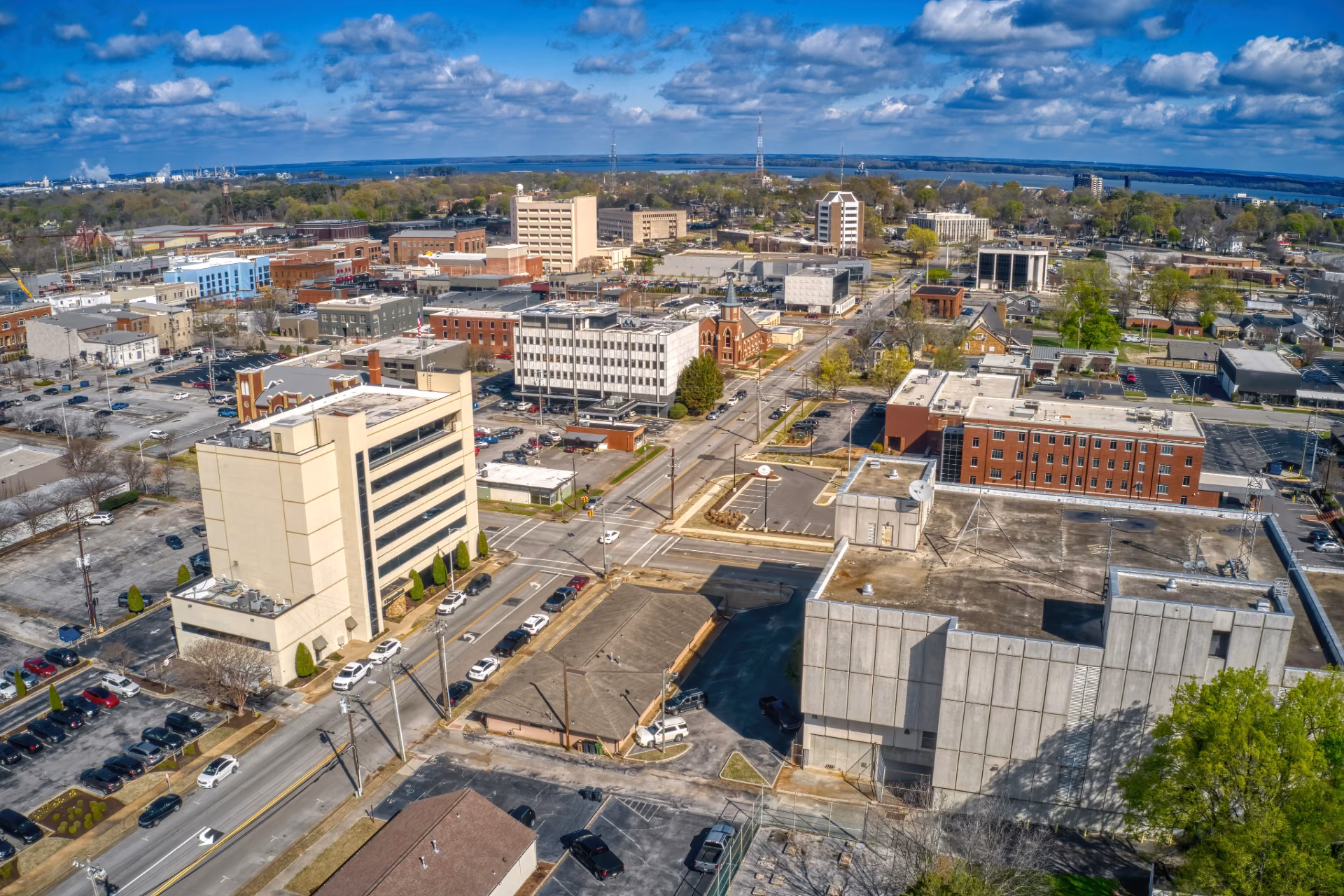 Aerial view of a Northeast Alabama downtown business district served by commercial cleaning in Albertville and Marshall County
