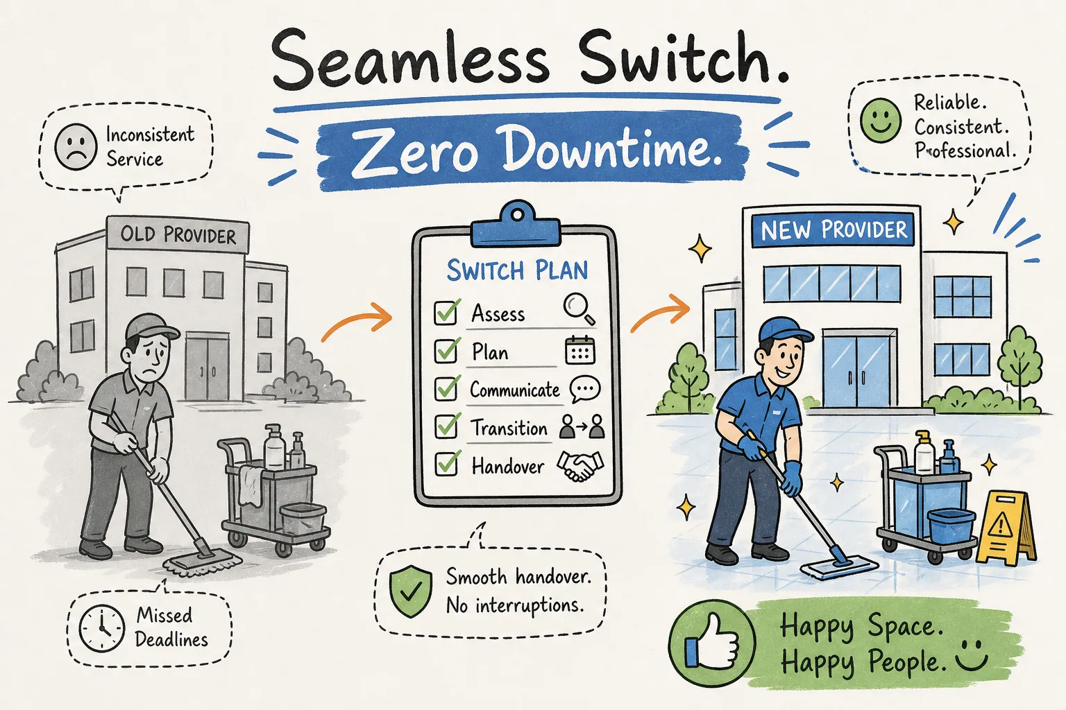 Illustration of a seamless switch from an old commercial cleaning provider to a new one, with a switch plan checklist: assess, plan, communicate, transition, handover