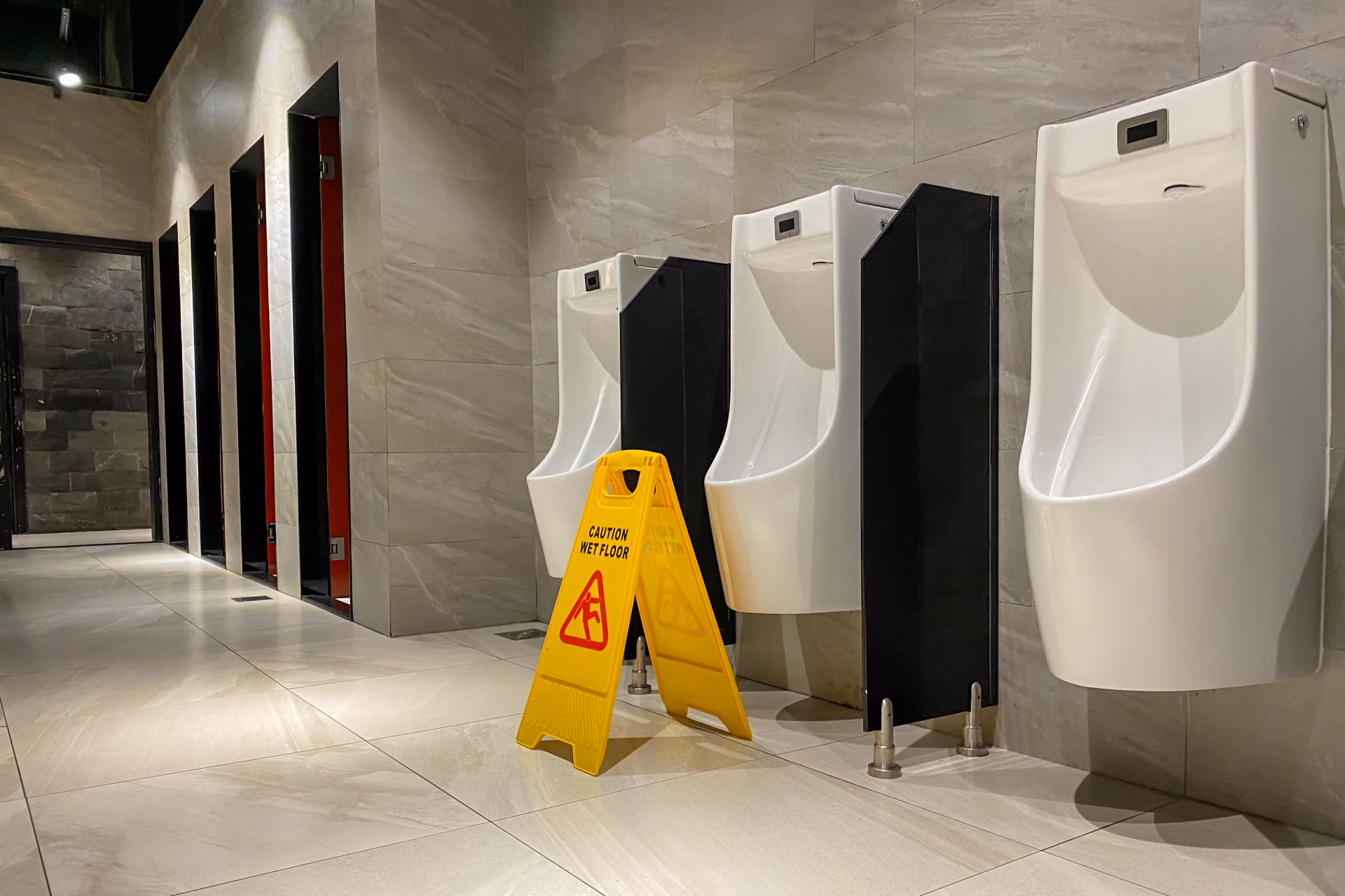 Freshly mopped commercial restroom with wet floor caution sign, illustrating professional restroom cleaning standards