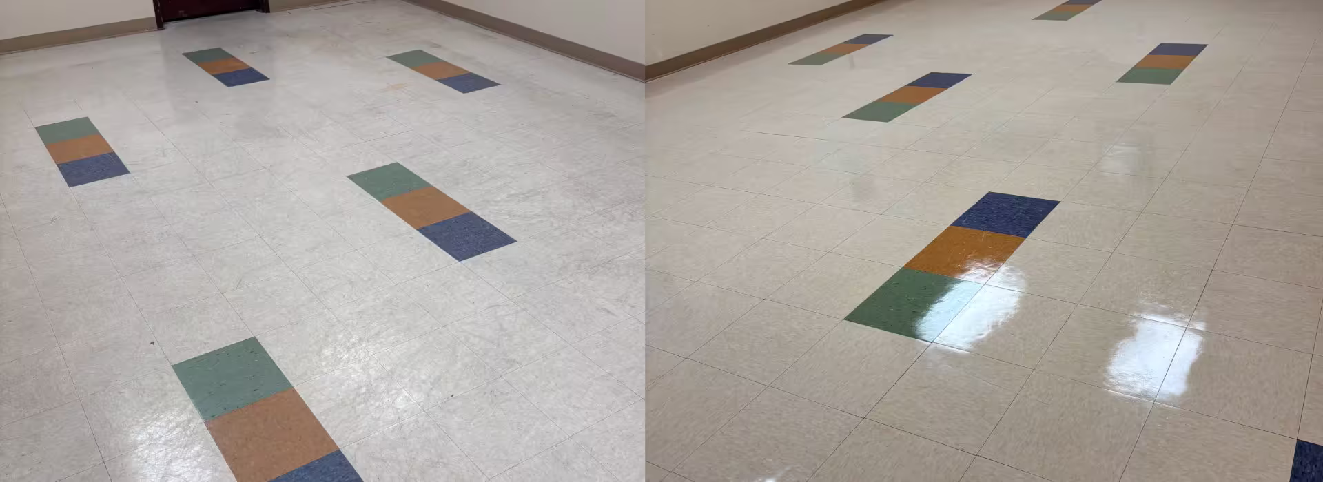 Sweepers technician refinishing a commercial VCT floor with a buffer