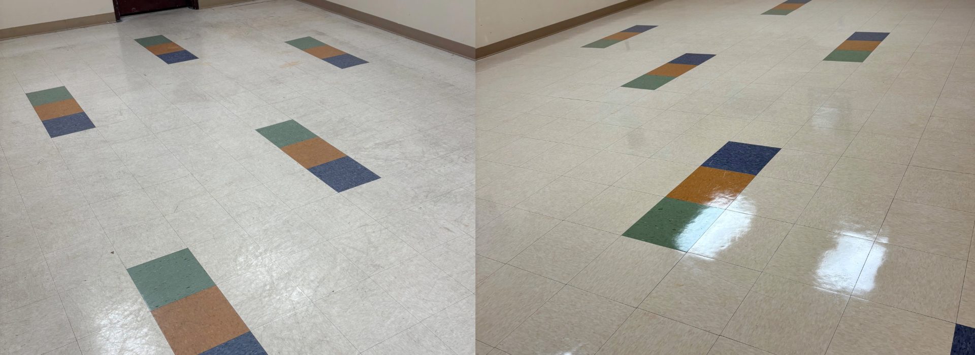 Sweepers technician refinishing a commercial VCT floor with a buffer