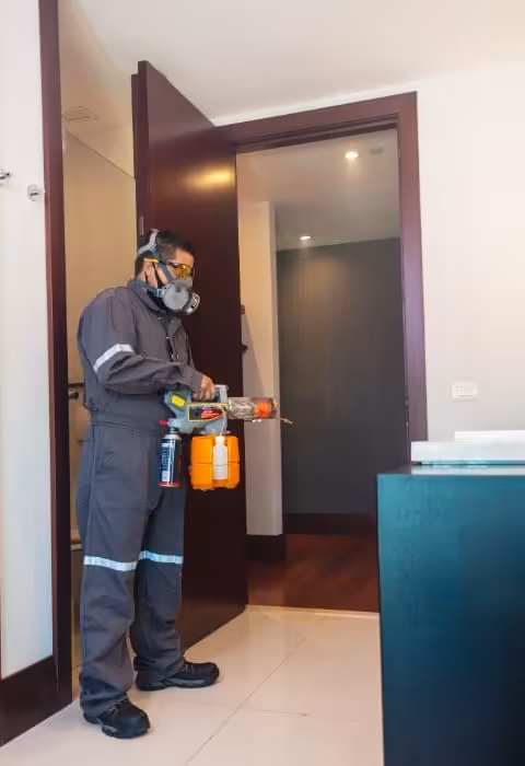 Sweepers technician in PPE performing electrostatic facility sanitizing